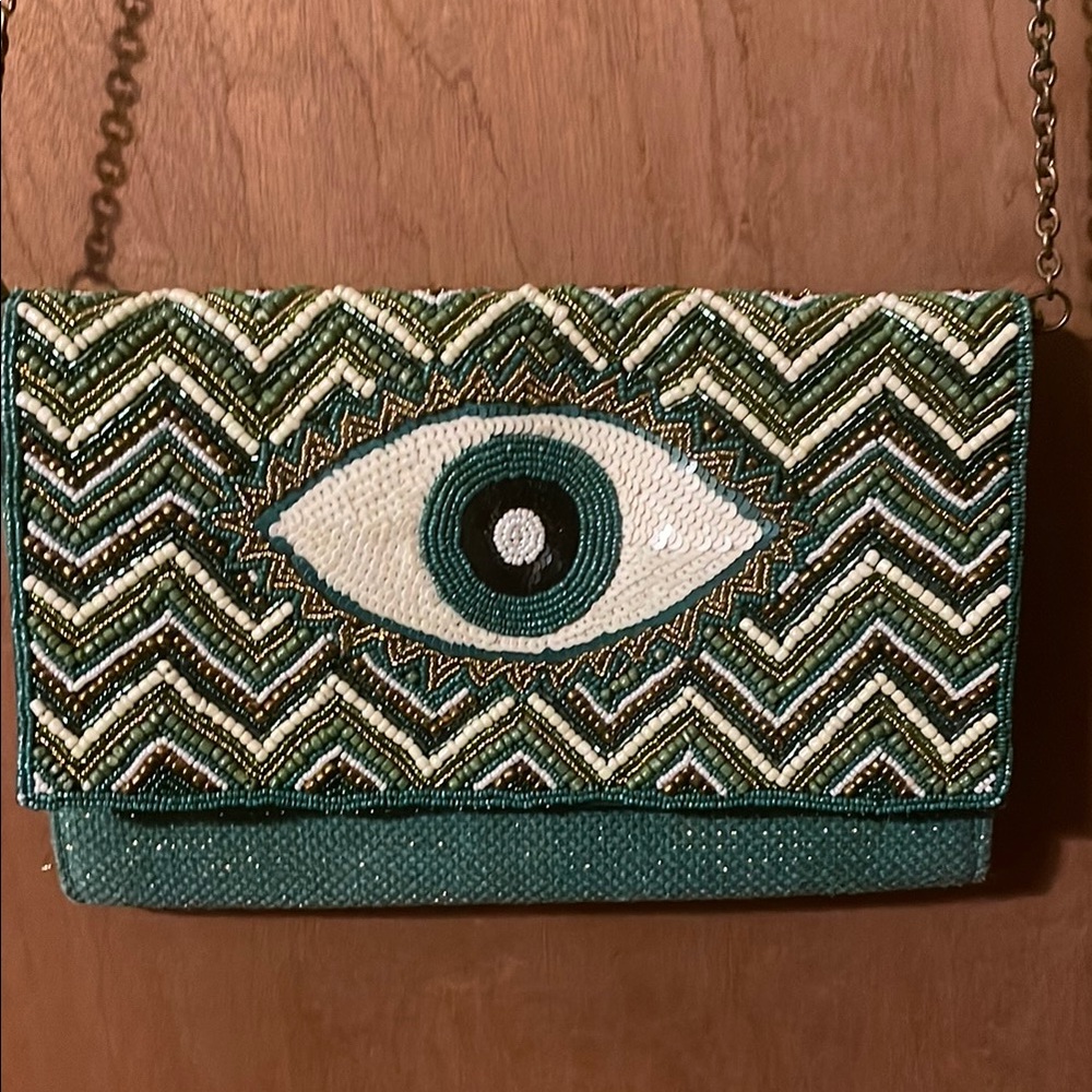 Embroidered Eye Design Clutch - Green and White